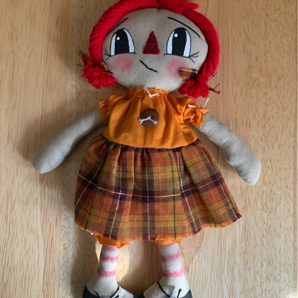 Handmade, tea stained, school girl rag doll